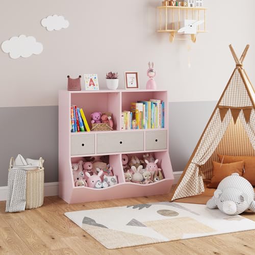 Amyove Kids Bookshelf and Bookcase Toy Storage Multi Shelf with Cubby Organizer Cabinet and Drawers for Boys Girls, for Children's Room, Playroom, Hallway, Kindergarten, School (Light Pink)