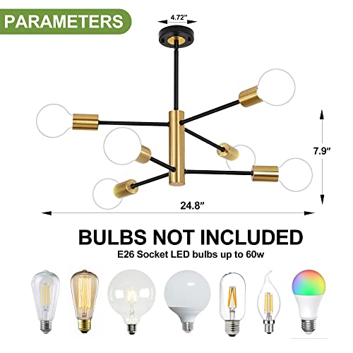 Humhold 6-Light Modern Sputnik Chandelier, Mid Century Black Gold Ceiling Chandeliers,E26 Base,Branch Height Adjustable Pendant Lighting Fixture For Kitchen Island Dining Room Living Room Bedroom #TOP5