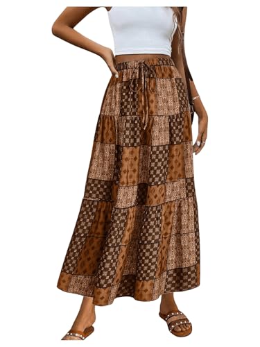Verdusa Women's Vintage Boho Graphic A Line Skirt Tiered Layered Elastic Western Long Skirt with Pockets