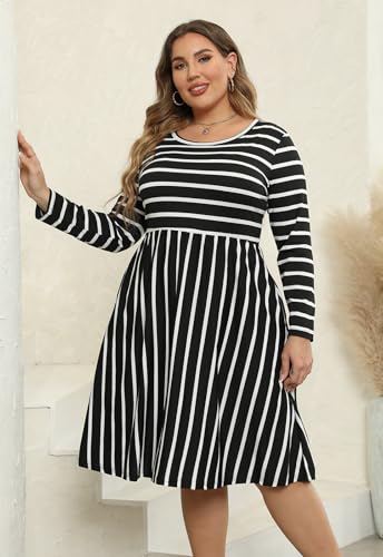 Image of Nemidor Women's Round Neck Long Sleeve Casual Plus Size Fit and Flare Midi Dress with Pocket NEM169