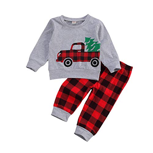Toddler Baby Boy Girl Long Sleeve Cotton Plaid Pullover Sweatshirt+Trousers Two Piece Outfits Fall Winter Clothes