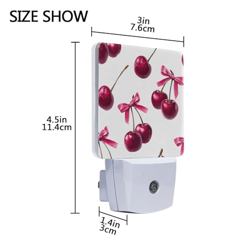 Image of Cherry Pink Bow Pattern Night Lights 2 Pack Plug-in Wall Led Nightlight Auto Dusk-to-Dawn Sensor Lamps for Bedroom Kitchen Bathroom