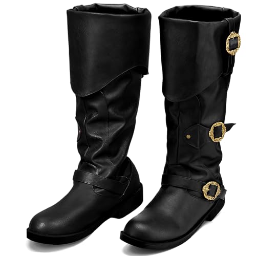 Image of Cuffbow Halloween Pirate Costume Boots for Men Medieval Renaissance Steampunk Cosplay Boots Gothic Adult Button Leather Shoes