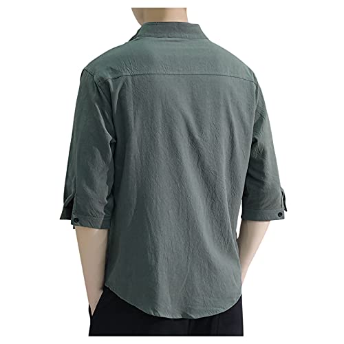 Generic Mens 3/4 Sleeve Shirts Summer Button Down Blouse Solid Color Cotton Linen Shirt Big and Tall Quick Dry Clothing Green, Large4