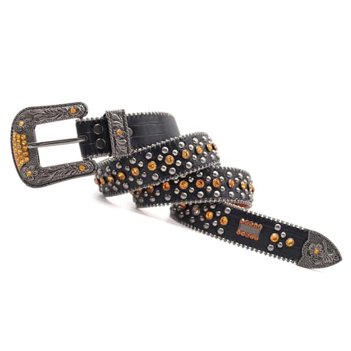 Ceinture en cuir à rivets et strass dotée d'une boucle amovible réglable et brillante