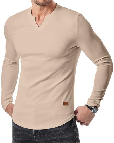 JMIERR Mens T-Shirts Casual Muscle Slim Fit V Neck Hipster Longline Henley Shirt Long Sleeve Gym Workout Athletic Fitted Tees Shirts, L, Beige