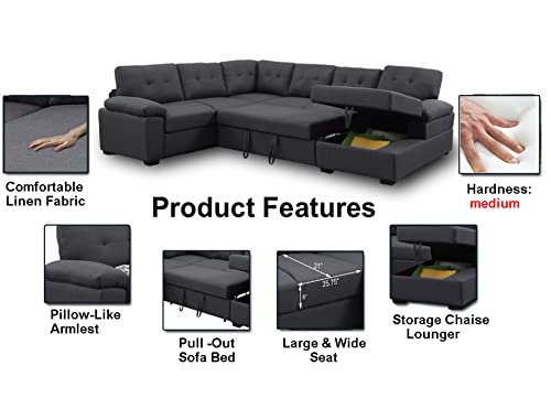 Sectional Sofa Sleeper Bed Pull Out Couch Sofa Bed For Living Room With Storage Chaise 6 Seater Fabric L Shape Sleeper Couch Furniture Set (Dark Grey) #TOP4