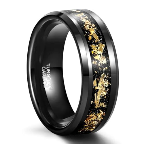 YAHOYA 8mm Carbure de tungstène Bague en Acier Noir Incrusté Feuille D’Or 18K Bague De Mariage...
