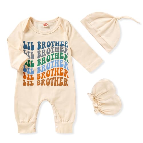 Image of GRNSHTS Newborn Baby Boy Romper Coming Home Outfits Letter Print Bodysuit Jumpsuit+Hat+Gloves 3PCS Clothes Set