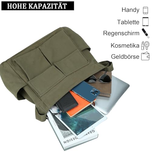 TIAASTAP Kuriertasche aus Leinenstoff, Vintage Canvas Messenger Bag für Studenten, Große Kapazität Hobo Crossbody Bag Umhängetasche Freizeittasche mit mehreren Innenfächern, Grün
