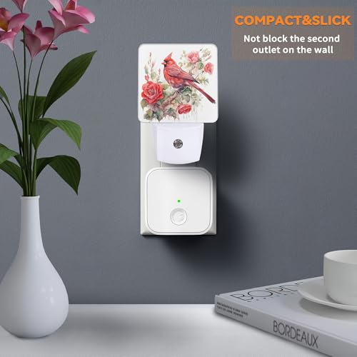Image of Red Cardinal Birds Cherry Flowers Dusk to Dawn Night Light, Auto Sensor Lamp Home Indoor Stairway Kitchen Corridor, Night Lights Plug into Wall Decor, Boys Girls Women Men Room Gifts