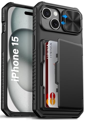 Image of Vihibii for iPhone 15, iPhone 14, iPhone 13 Back Cover Wallet with Card Holder (4 Cards) [RFID Blocking] & Slide Camera Cover, Military Grade Drop Protection, Rugged Back & Silicone Case, 6.1 inch, Black