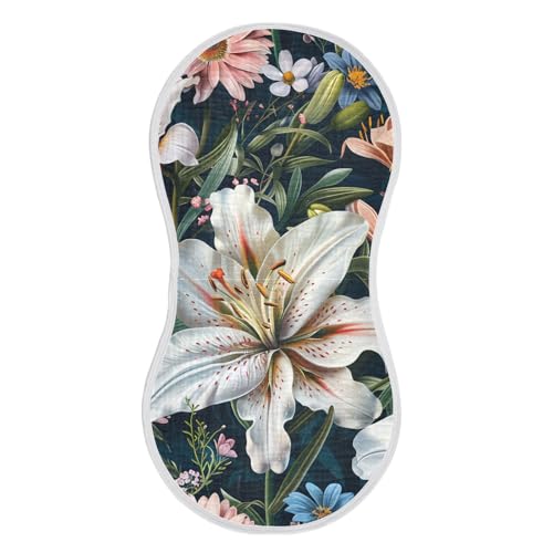 Lily and Wildflowers Muslin Burp Cloths 22x11 Inch - 4-Layer Organic Cotton & TPU Waterproof Lining, Absorbent Baby Bibs for Boys/Girls with Hanging Loop