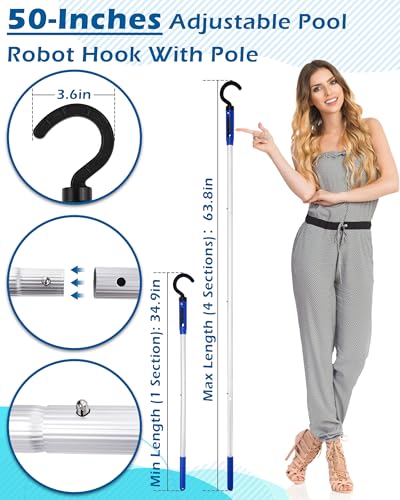 Image of Pool Robot Retrieval Hook - 49.21 Inch Adjustable Stainless Aluminum Pole, Heavy-Duty Detachable Hook for Pool Robot Vacuum Robotic Pool Cleaner Including Cordless /Above Ground /Underwater Cleaners