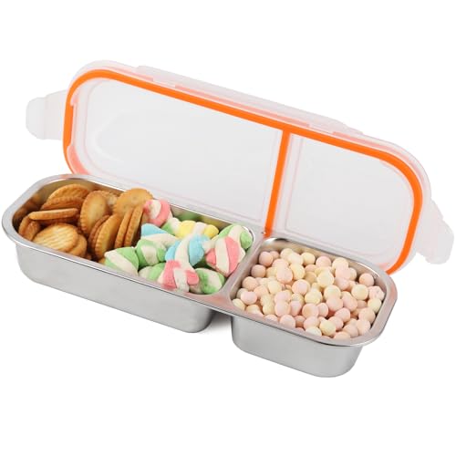 Image of Stainless Steel Snack Containers with Lids, Double Compartment Leakproof Reusable Snack Box for Nuts, Fruits- Divided Grab & Go Container for School, Office, Travel
