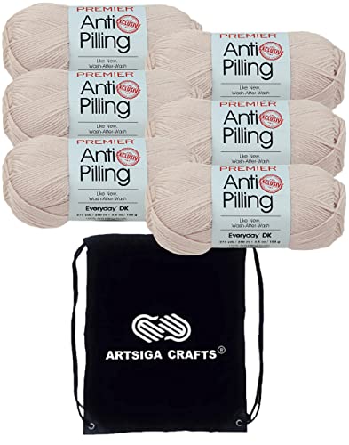Image of Premier Yarns Anti-Pilling Everyday DK Linen Acrylic Yarn 6-Skein Bundle, Safe for Sensitive Skin, Includes Project Bag