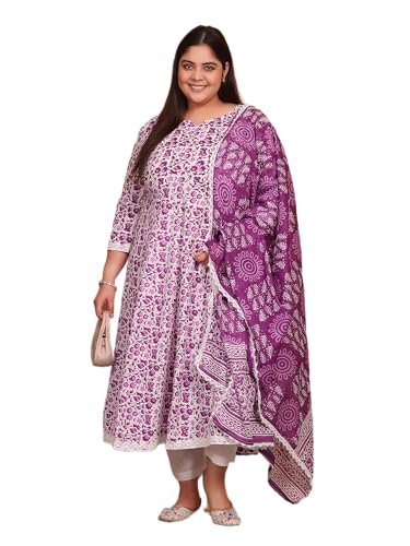 Image of MEERA FAB Women's Pure Cotton Printed Anarkali Kurta with Palazzos & Dupatta