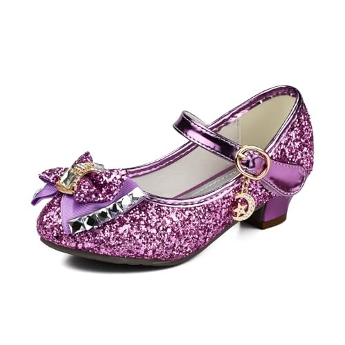 TRIWORIAE Zapatos de Princesa Elegantes para Niñas de Tacón con Lentejuelas Purpurinas para Disfraz, Fiestas, Bodas Morado 29