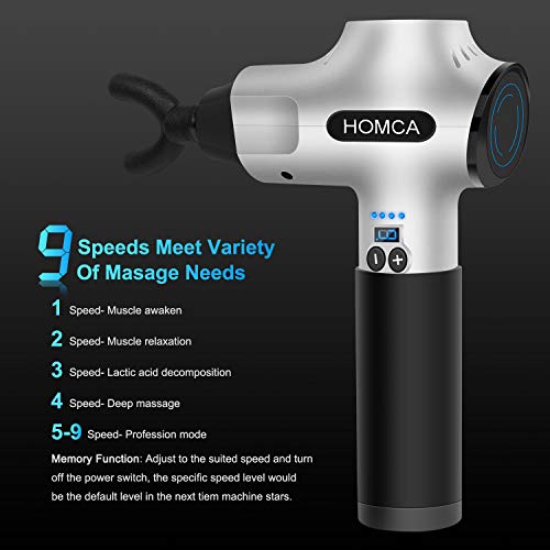 Massage Gun Muscle Deep Relaxation - HOMCA Deep Tissue Percussion Massager for Pain Relief, Quick Rechargeable Handheld Electric Body Massager- 5 Massage Heads 9 Speeds High Intensity Vibration