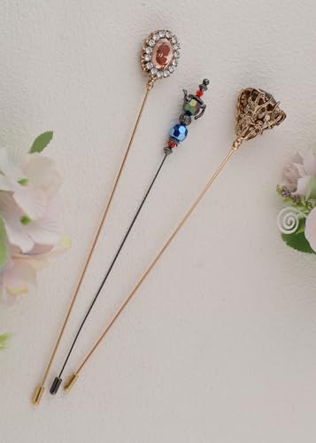 Image of Alilang Magic Lamp Pearl Lady Camo Rose Heart Rhinestones 3Pcs Vintage Long Handle Hat and Lapel Pins with Flexible Bendable Design