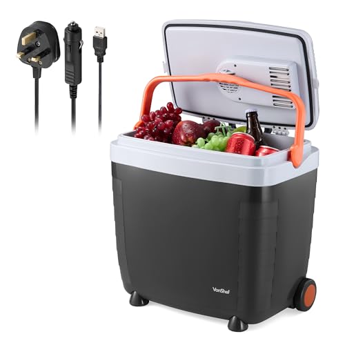 VonShef 28L Electric Cool Box, Large Insulated Cooler Box with Wheels, Hot & Cold Function, Three Power Options (3-Pin 240v Wall Plug, USB & 12v Car Plug), Removable Lid, Festival Camping Accessories