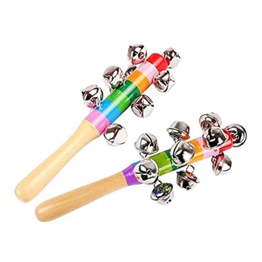 2 Pack Vivid Color Rainbow Handle Wooden Bells Jingle Stick Shaker Rattle 10 Jingle Bells Baby Kids Children Musical Toys