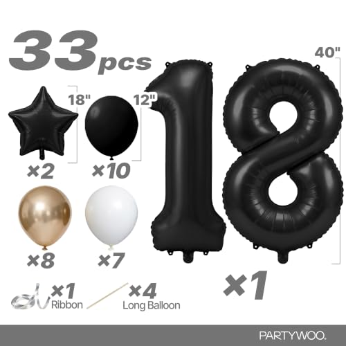 Image of PartyWoo Black Number 18 Balloon 40 Inch 25pcs Black Foil Star White Gold