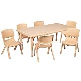 Flash Furniture Adjustable Classroom Activity Table with 6 Stackable Chairs, Rectangular Plastic Activity Table for Kids, 24" W x 48" L, Natural