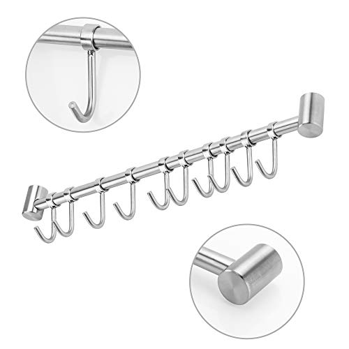 Intirilife ophangrail voor de keuken van roestvrij staal met 10 beweegbare haken om te boren - 52,6 x 3,4 x 2,2 cm - keukenrailing haakrail houder keukengerei stang bekerhouder muurhouder - Image 3
