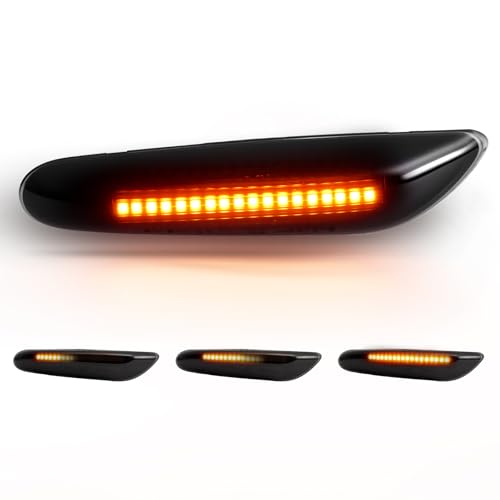 TEMSONE LED Side Marker Lights Assembly Kit with Smoke Lens Amber Turn Signal Lamp for Front Driver & Passenger Side Compatible with BMW 1 3 5 Series E46 E60 E61 E82 E88 E90 E91 E92 E93 X1 X3 E83 E84