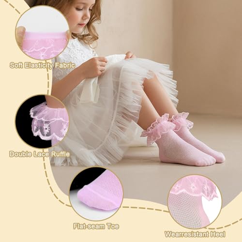 4 Pairs Girls Ruffle Socks, Double Lace Frilly Turn Cuff Socks, Toddler Pageant Dress Socks (White, Pink, Yellow, Blue)2
