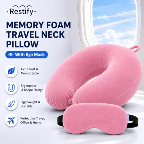 Image of Restify Premium Memory Foam Travel Neck Pillow with Eye Mask | Soft Velvet U Shape Neck Support Cushion for Flight, Airplane, Car & Office Travel | Portable Pillow for Men & Women | Pink