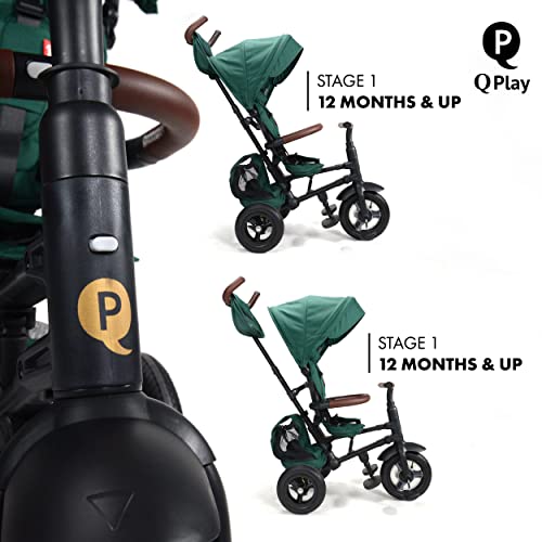 Image of QPlay Rito - Premium Luxury Foldable Trike for Toddlers Featuring Leather touchpoints, Toddler Tricycle Stroller, Push & Fold Tricycle for Ages 12 Months to 5 Years, Alpine Green Edition