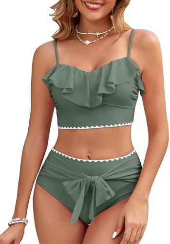 Women's Ruffle Bikini Sets High Waisted 2 Piece Bathing Suits Tummy Control Swimsuits Color Block Tie Front Bikinis