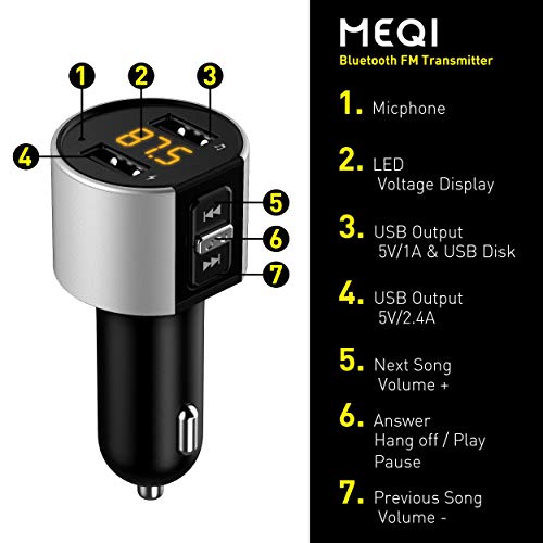 MEQI Bluetooth FM Transmitter, in-Car Wireless Bluetooth Receiver MP3 Player Radio Adapter with Hands-Free Calling, Dual USB Port Charger Car Kit 5V/3.4A for iPhone iPad Smartphones - Thumbnail 6