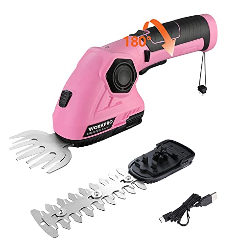 WORKPRO Pink Cordless Grass Shear & Shrubbery Trimmer - 2 in 1 Handheld Hedge Trimmer 7.2V Electric...