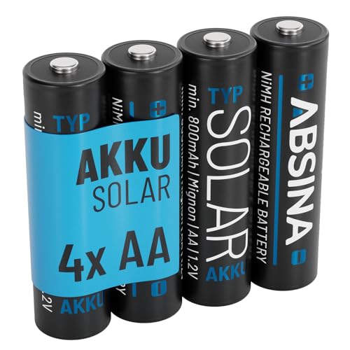 ABSINA 4X Solar Akku AA wiederaufladbar 800mAh 1.2V NiMH - Aufladbare Batterien AA für Solarleuchte - Solarbatterie, AA Akku für Solarlampen, Akkus AA, Wiederaufladbare Batterien AA 1