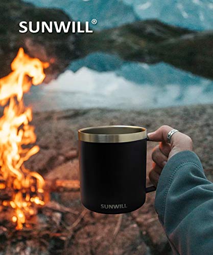 Image of SUNWILL Travel Coffee Mug with Lid, Insulated Tumbler with Handle, 14oz Stainless Steel Cup for Camping, Outdoor, Powder Coated Black