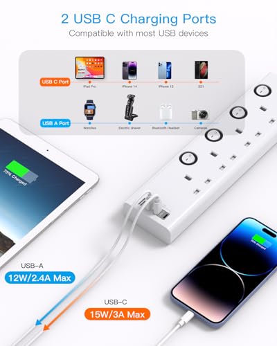 Extension Lead with 4 USB Slots(2 USB C), 4 Way Plug Extension Socket with Individual Switches, 1.8M Extension Cable, Wall Mount Extension Cord, Desk Power Strip for Bedroom Office Accessories Extension Lead with 4 USB Slots(2 USB C), 4 Way Plug Extension Socket with Individual Switches, 1.8M Extension Cable, Wall Mount Extension Cord, Desk Power Strip for Bedroom Office Accessories