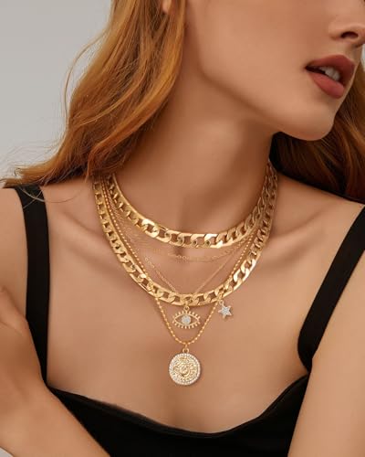 MJartoria Gold Layered Necklaces for Women Trendy Retro Coin and Evil Eye Pendant Necklace Dainty Chunky Chain Choker Necklaces for Jewelry Birthday Gifts2