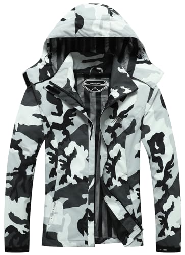 Womens Waterproof Raincoat Lightweight Rain Jacket Detachable Hood Travel Outdoor Black Camo XL