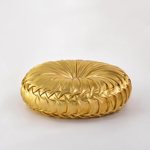 Image of HIG Set of 2 Handcrafted Gold Ruched Round Throw Pillows - 14.5'' Metallic Leather Decorative Pillows with Soft Polyester Filling for Couch, Bed, Living Room, Bedroom, or Dorm