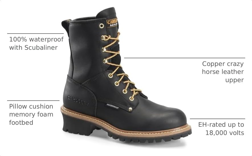 Image of Carolina 8 inch Waterproof Logger Boots for Men, EH-Rated Lineman Boots | EH-Rated Protection, Slip-Resistant Lug Sole, Waterproof Build, Triple-Rib Steel Shank, Welt Construction, Work Shoes for Men