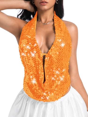 Kaei&Shi Sequin Halter Top,Backless Cowl Neck Sparkly Club Tops for Women,Sexy Outfit Going Out Concert Party Orange Large