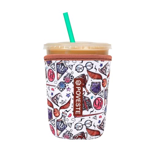 Image of Reusable Neoprene Insulator Sleeve for Iced Coffee & Cold Soda, Coffee Sleeves for Iced & Hot Drinks, Cold Beverage Cooler Compatible with Starbucks, Dunkin (Quidditch Game, Small: 16-18oz)