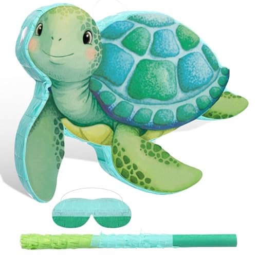 Aoriher Sea Turtle Piñata with Stick Blindfold & Confetti - Birthday Party Favors Decorations for Animal Theme Party Supplies Toys Outdoor Games, 15 x 13 x 3.2 Inch