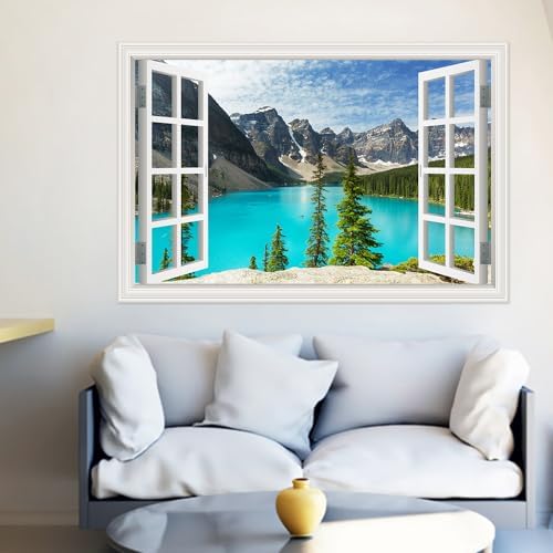 Peel and Stick 3D Wall Decal Sticker Nature Lake and Mountain Scenery Window View Home Décor Art Decor Removable Wall Murals for Living Room Bedroom Apartment Dorm Office - Christmas Gifts - 24"x36" - 4