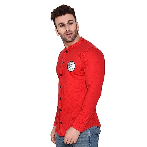 Image of Geum Men's Mandarin Collar Shirt | Slim Fit Full Sleeve Casual Shirt with Printed Chest Logo | Soft Cotton Blend Stylish Button Down for Party, Office