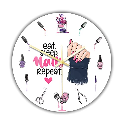 Timethink 12 Inch Eat Sleep Nails Repeat Nail Salon Wall Clock, Nail Polish Makeup Artwork Manicure Tools Silent Non Ticking Battery Wall Clock Nail Art for Beauty Salon Girls Room Nail Studio Decor
