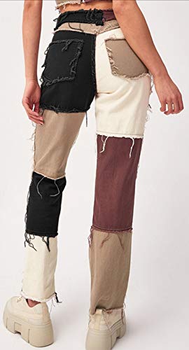 PAODIKUAI Women Patchwork Jeans Raw Hem Denim Pants Slim Bootcut Jean Hight Waist Distressed Straight Denim Jeans2